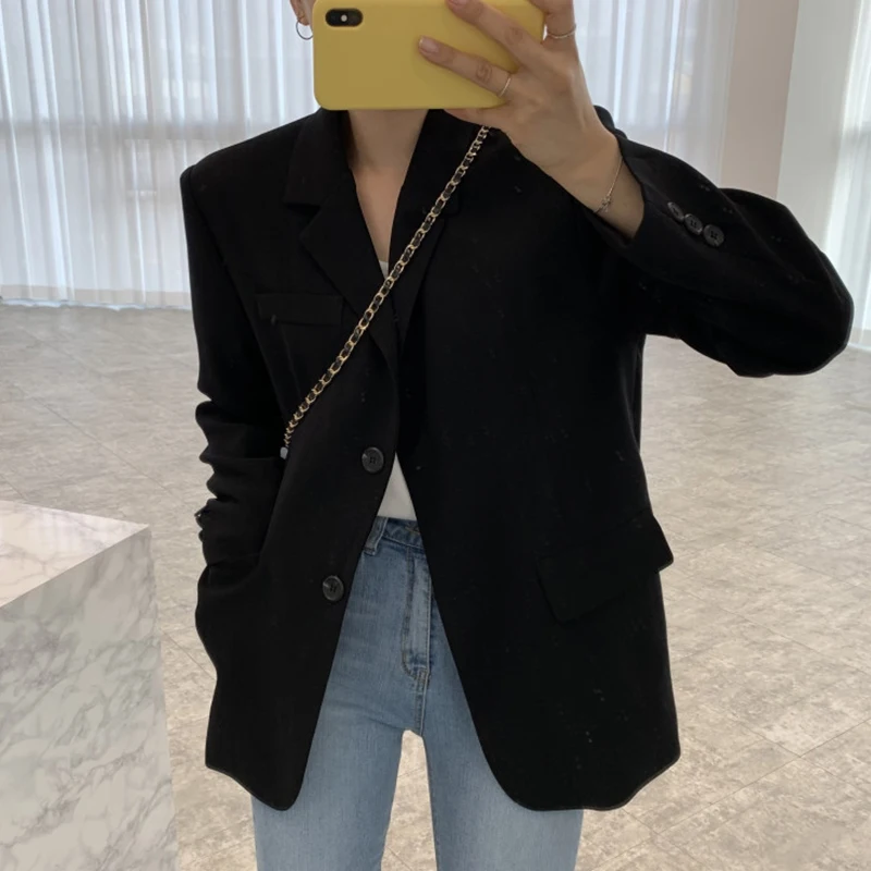 

Woman Jacket 2021 New Korean Fashion Simple Solid Color Lapel Two Button Design Loose Versatile Long-sleeved Blazer Suit Jackets