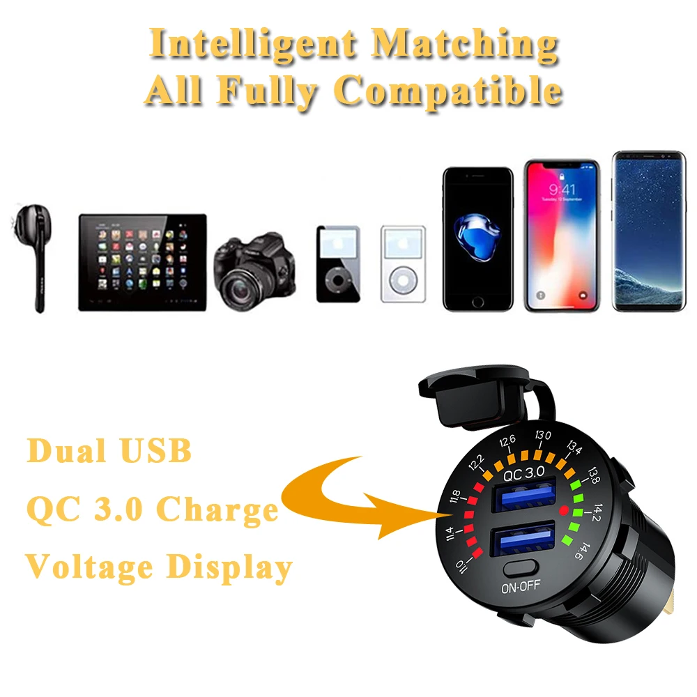 lykas car usb socket qc 3 0 dual usb charger voltage meter on off switch waterproof phone charger for truck boat power adapter free global shipping