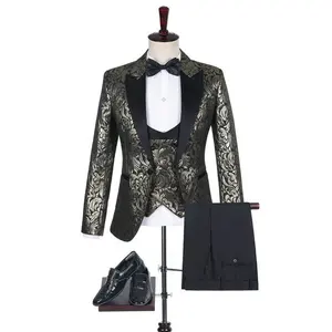 Мужской костюм с двубортным жилетом, черный, золотой цветочный облегающий костюм для жениха, смокинга, выпускного вечера, 2020
