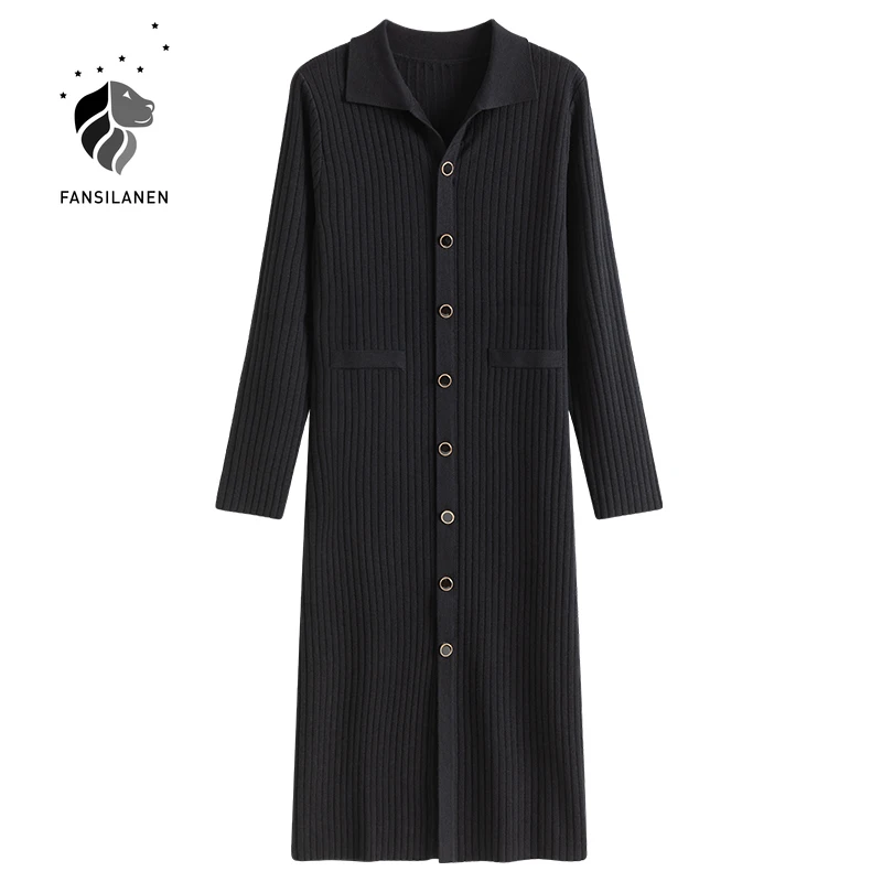 

FANSILANEN Autumn winter long knitted sweater dress Women polo slim casaul streetwear sexy dress Female split long sleeve dress