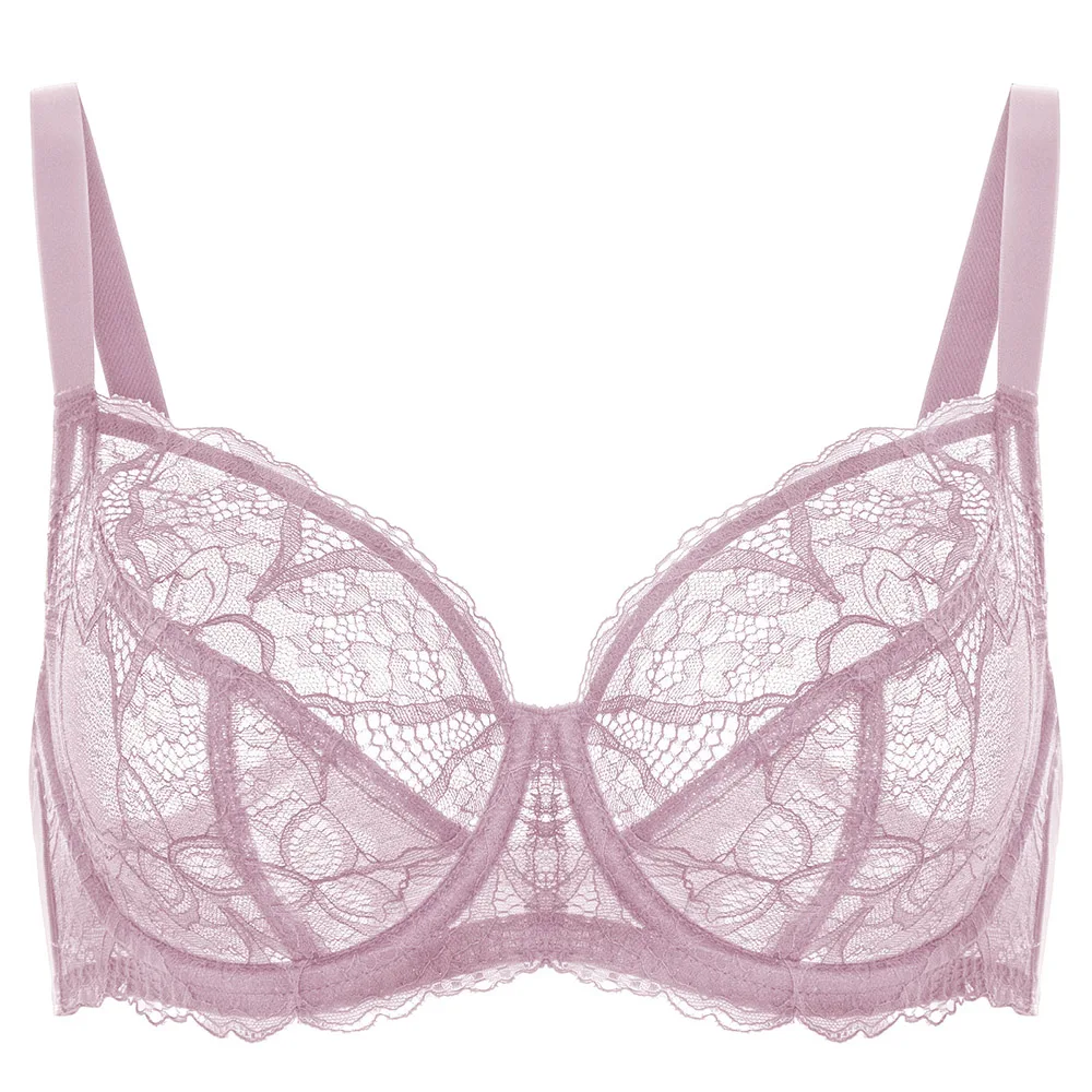 DOBREVA Women's Minimizer See Through Unlined Lace Bra Full Coverage Underwire Plus Size Bralette