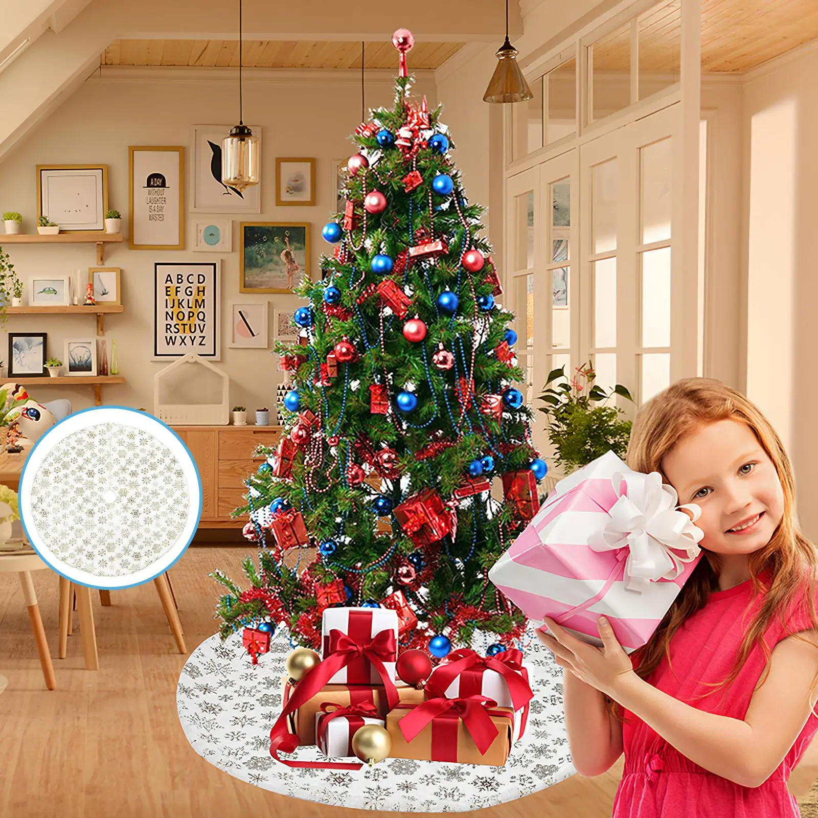 

Christmas Skirt Knitted Tree Apron Exquisite Christmas Tree Skirt Fashion Knitted Snowflake Christmas Decorations Strap Design