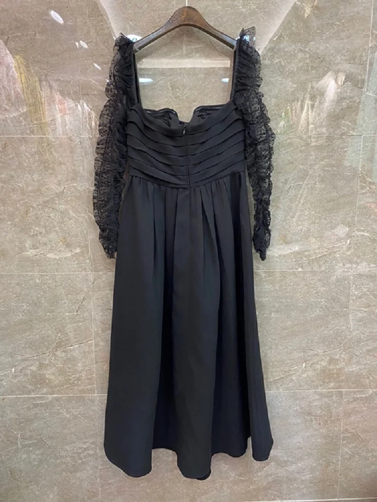 

Black Gown Dress 2021 Spring Summer Fashion Party Vestidos Women Sexy Square Collar Polka Dot Mesh Patchwork Long Sleeve Dress