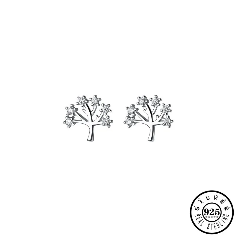

925 Sterling Silver Cute Zircon Tree Shape Ear Studs Earrings Gold Color Plated Small Earings Jewelry Gifts for Women Girls