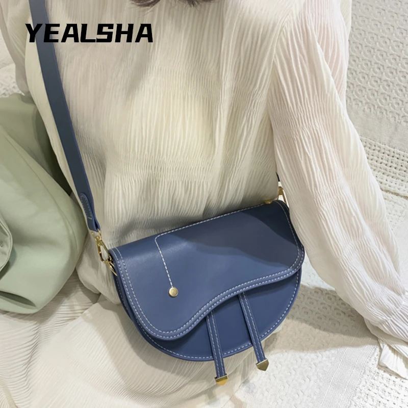 

New Solid Color Women Small Soft Bags Fashion Girl Shoulder Messenger Saddle Bag Pu Leather Rivet Semicircle Female Wallet