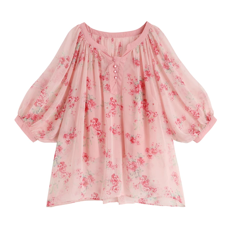 

Original Design AIGYPTOS Summer Women Fresh Sweet Pink Oversized Blouses Lantern Sleeve Floral Print Casual Loose Chiffon Shirts