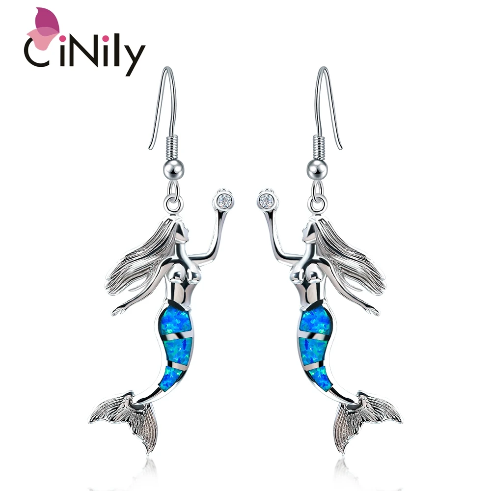 

CiNily Created Blue Fire Opal Silver Plated Earrings Wholesale Retail Mermaid for Women Jewelry Dangle Earrings 2 1/4" OH3709