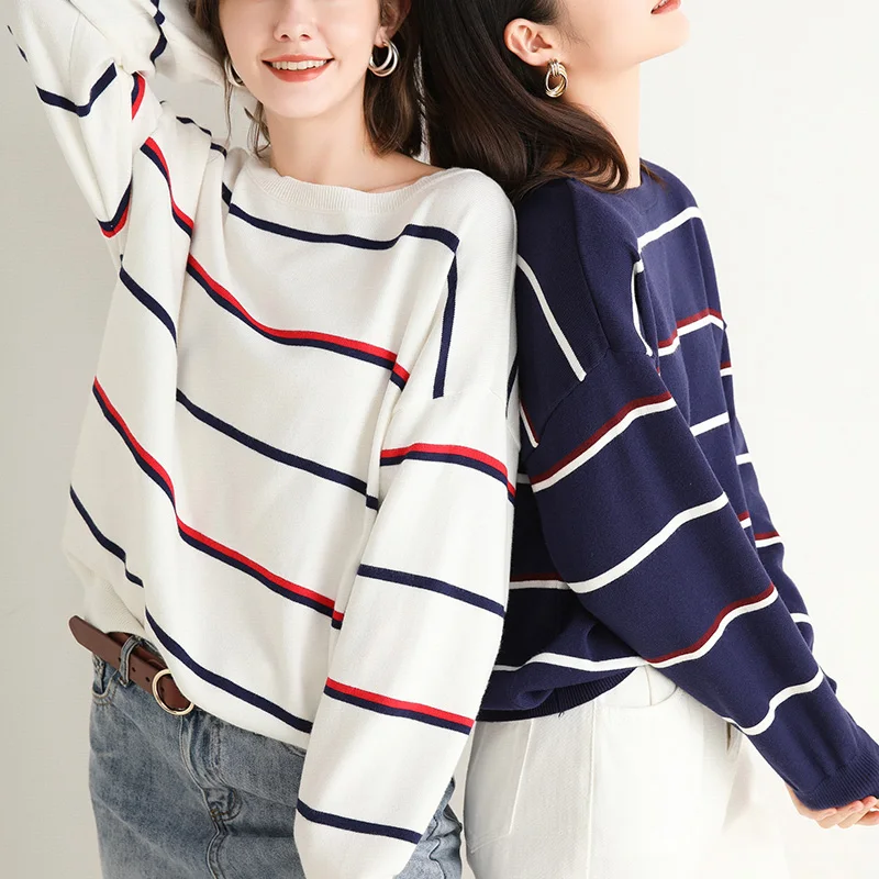 

2020 Autumn Winter New Long Sleeve Fashion Cashmere Sweater Woman Kintted Round Neck Loose Ladies Pullover Striped Women