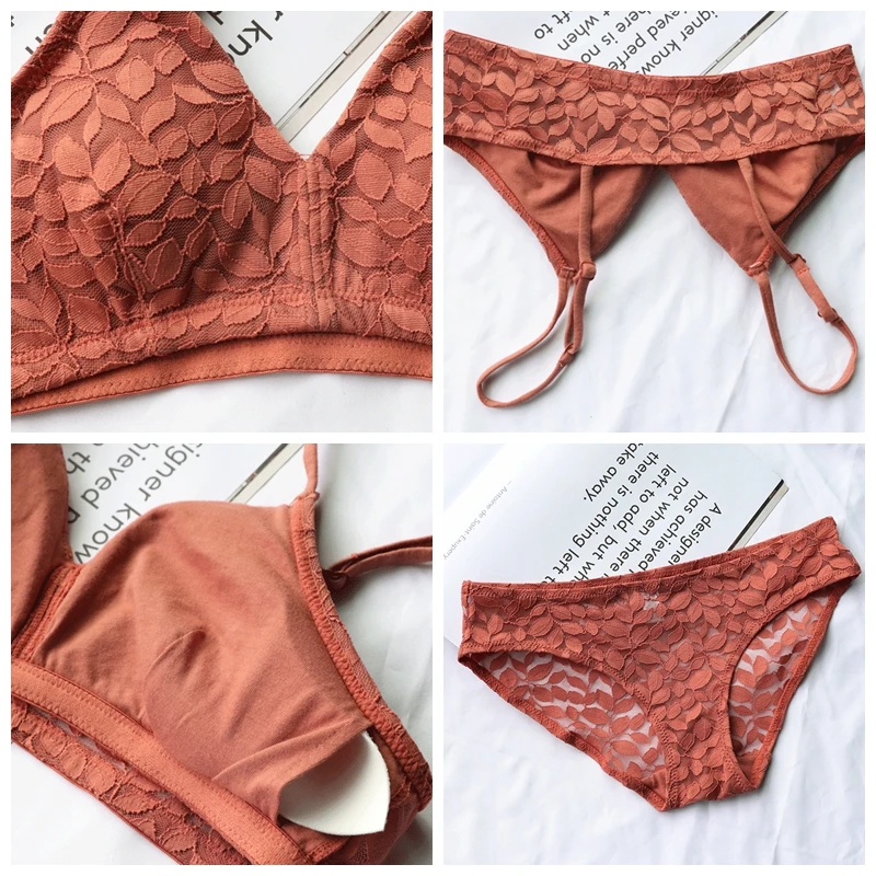 Кружевной треугольный бюстгальтер с узором в виде листьев тонкий комплект