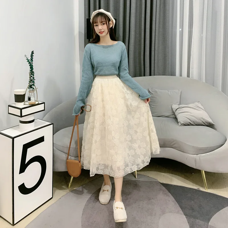 

2021 Korean Style Bling Lace Sequined Skirt VD1708 High Waist Women Long Midi Black White Skirt