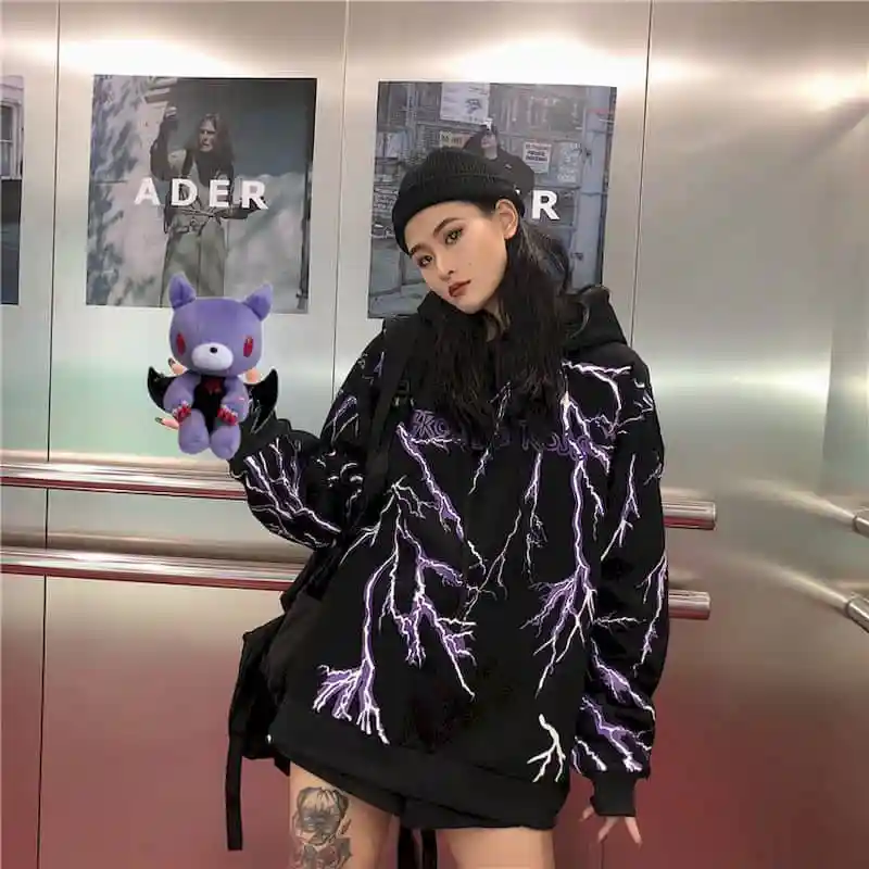 

NiceMix Winter Women'S Korean Ins Harajuku Streetwear Dark Lightning Print Hooded Sweatshirt Fashion Loose Women'S Sweatshirt