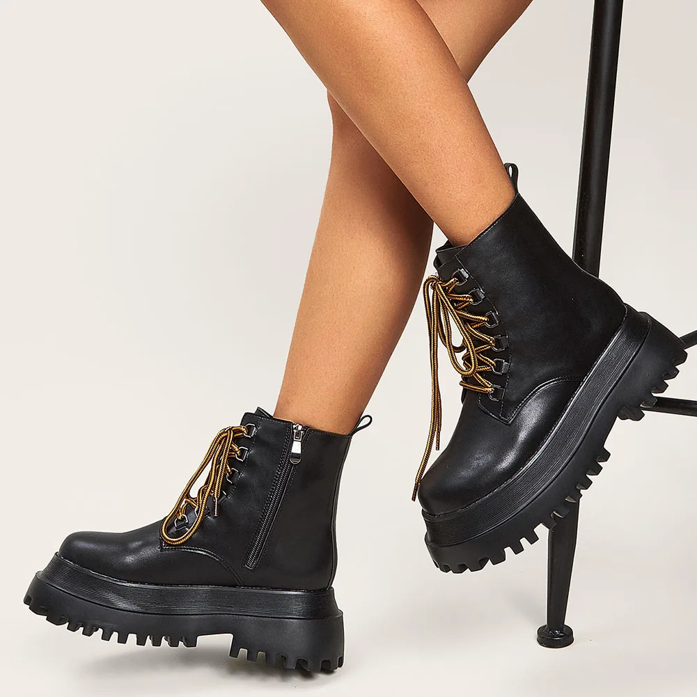 

Женские мотоциклетные ботинки на платформе, ботильоны на высоком устойчивом каблуке, с круглым носком, Осенняя обувь для отдыха, 2021