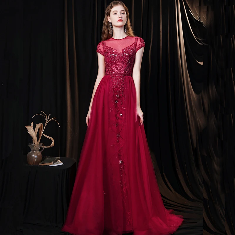 

Luxury Dubai Evening Dress O-Neck Cap Sleeves Handmade Crystal Beaded Arabic Women Formal Prom Party Gowns