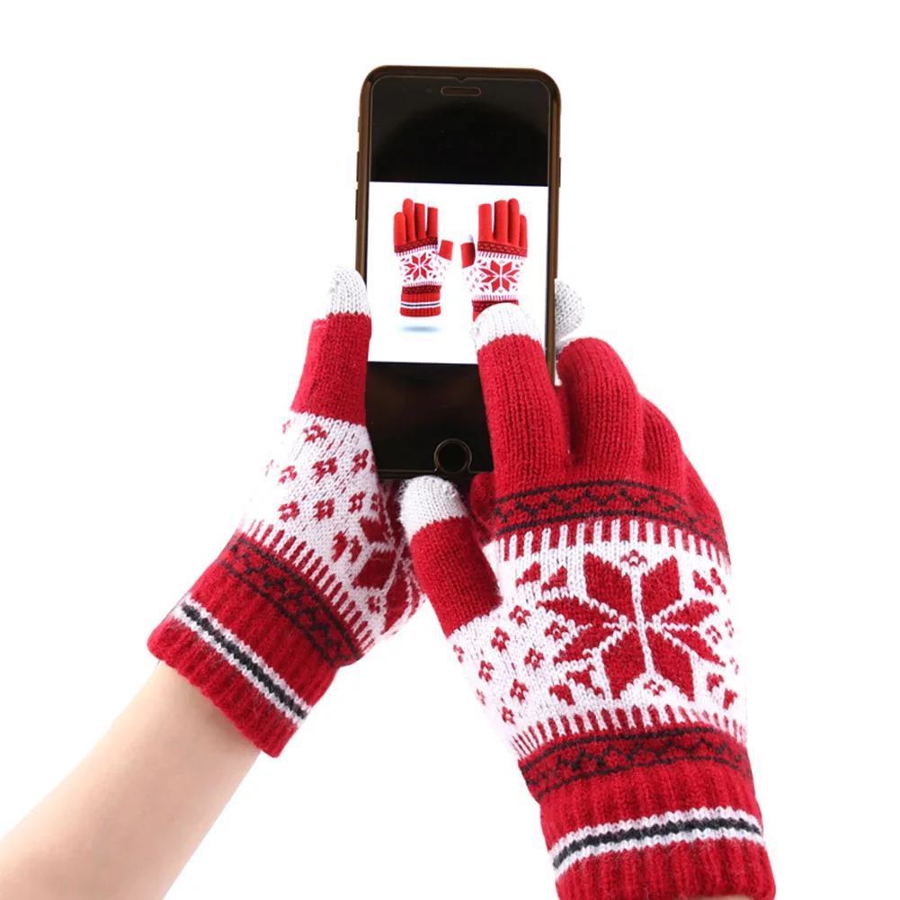 Теплые зимние женские вязаные перчатки с милым рождественским оленем модные