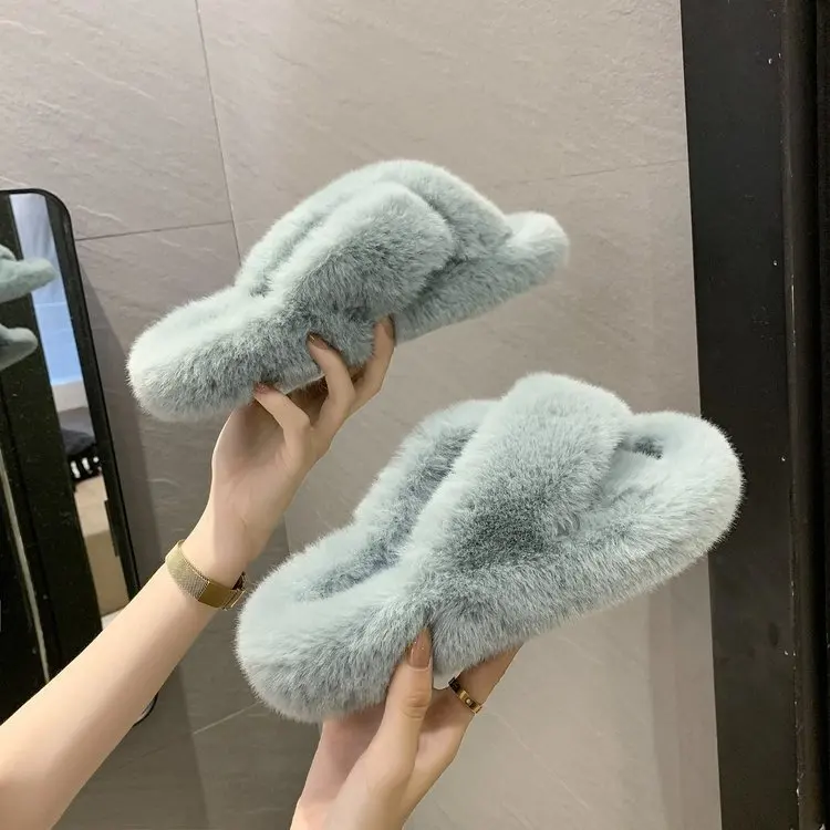 

Rabbit fur plus size 2020 new fur slippers women autumn and winter fashion open-toed cross flip-flop shoes