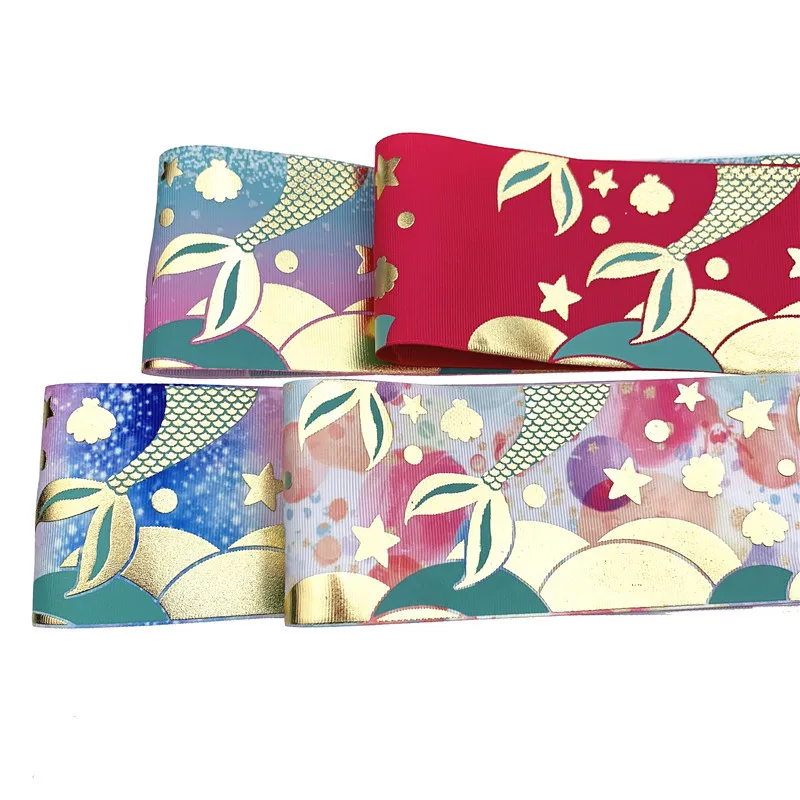 

5yards 75mm Bronzing Fishtail Printed Grosgrain Ribbon for Hairwear Gift Bouquet Packaing Material Clothing Sewing Accessories