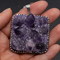 natural amethysts druzy diamon studded pendants square charms pendants for jewelry making diy necklace accessories