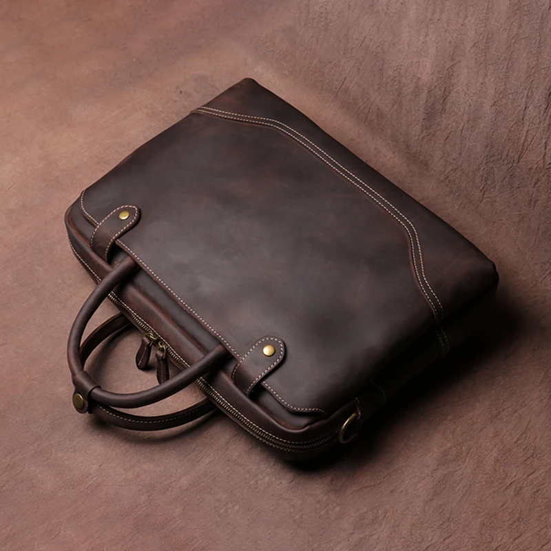 

ZRCX Vintage Bags Briefcase Men Shoulder Genuine Leather Handbag Man Crazy Horse Brown Casual Fashion 15.6 Inch Laptop Bag