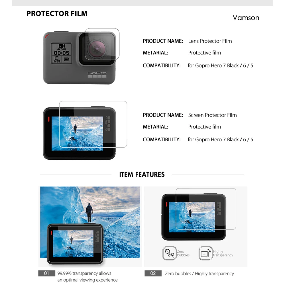 Защитный чехол Vamson для Gopro Hero 7 Black 6 5 защитный объектива аксессуары черная крышка