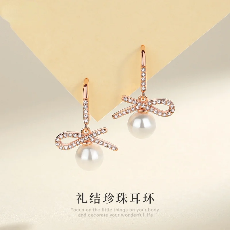 

Женские серьги из серебра 925 пробы, корейские жемчужные серьги с бантиком, модные ювелирные украшения, серьги с натуральным розовым золотом