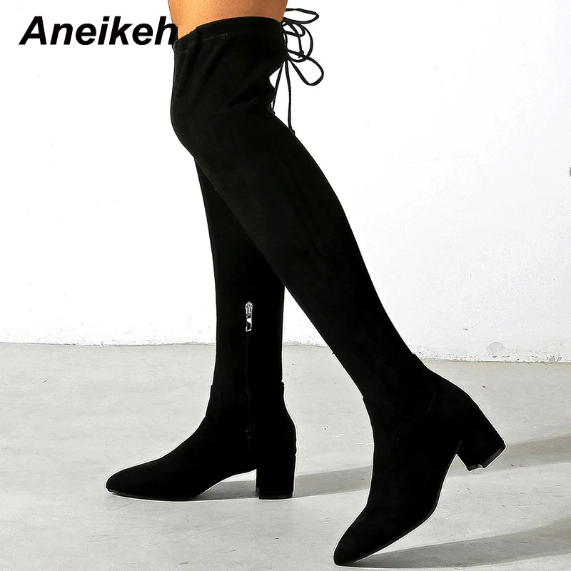 

Aneikeh тренды флок короткие плюшевые зимние сапоги женские 2021 шнуровка квадратный каблук обувь для женщин шитье Botas De Mujer вечевечерние НКА мол...