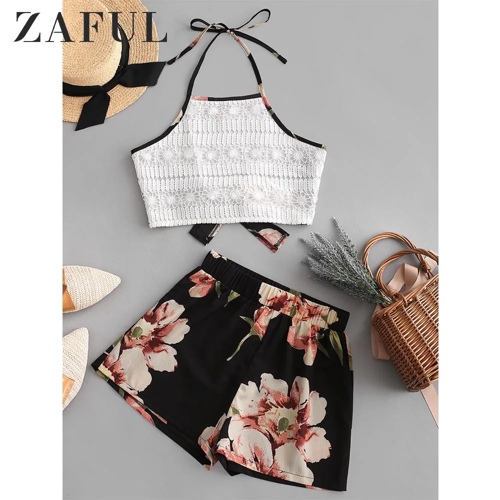 ZAFUL Кружева Панели Узлом Назад Слон Цветочный Принт Шорты Набор Без Рукавов Растениеводство Топ Женщины Холтер Урожай Две Части Наборы