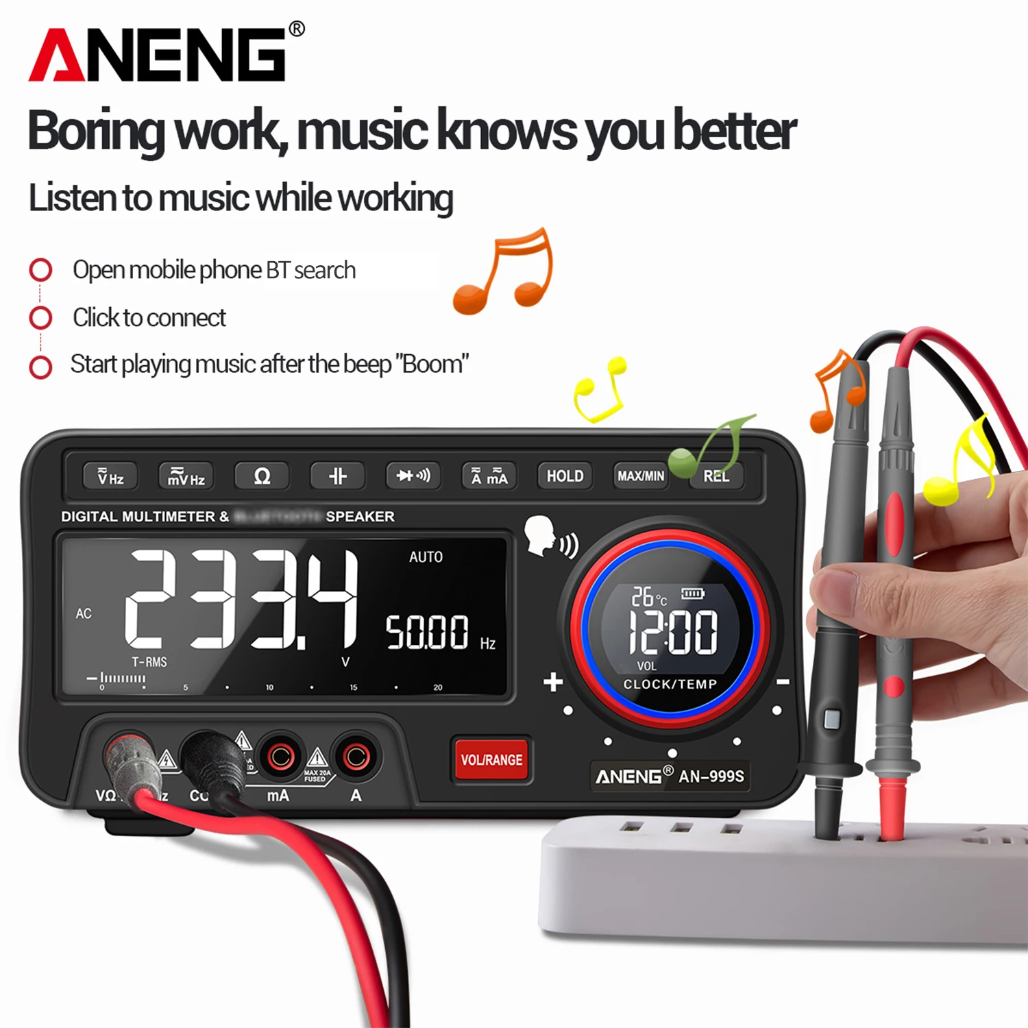

ANENG 2-In-1 BT Speaker AC/DC Bench Multimeter 19999 Counts True-RMS Voice Broadcast Multimeter Auto-Ranging Multi Tester