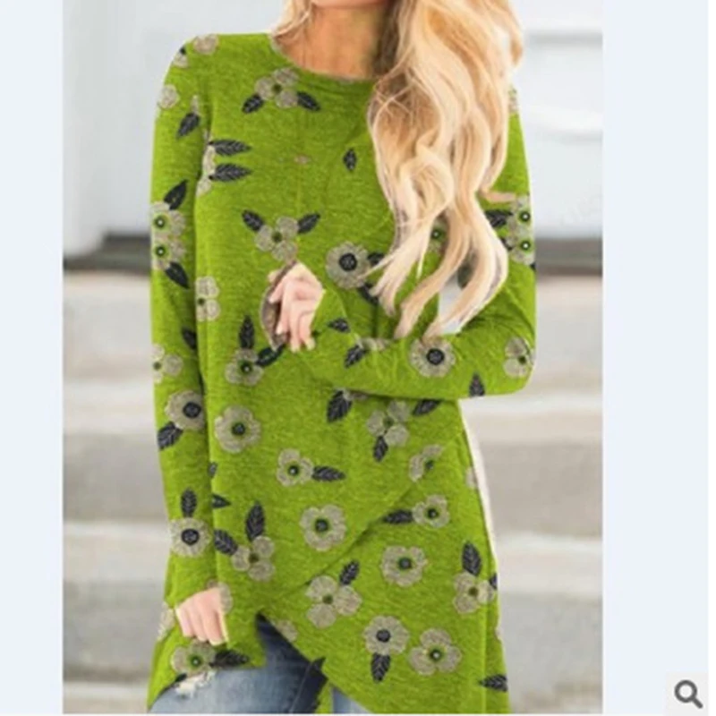 

Elegant Floral Print Women T Shirts Full Sleeve Asymmetrical Autumn T-shirt Plus Size Casual Woman Tops New Fashion 5XL