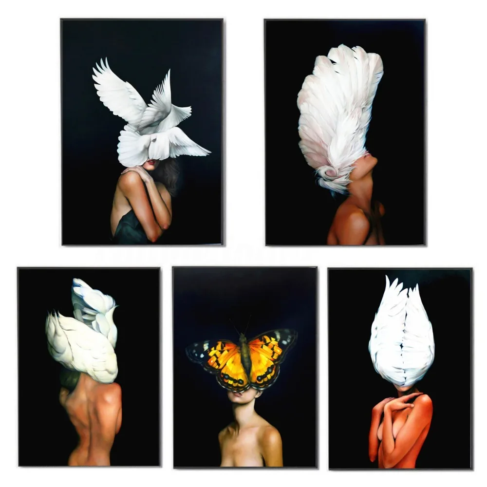 

Birds Butterfly Feather Women Posters And Prints Canvas Painting Wall Pictures For Living Room Abstract Decorative Home Decor
