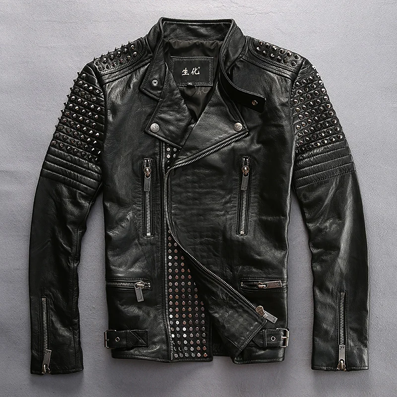 

Куртка мужская приталенная из натуральной кожи, мотоциклетная куртка из воловьей кожи с заклепками, тонкая металлическая верхняя одежда в ...