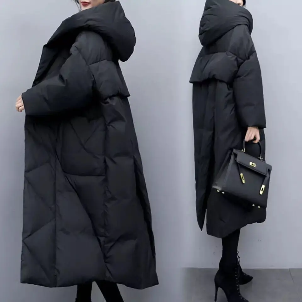 Women X-Long Oversize Down Cotton Jackets Thick Hooded Black Coat Woman Casual Overcoat Elegant Winter New Female Parka Outwear