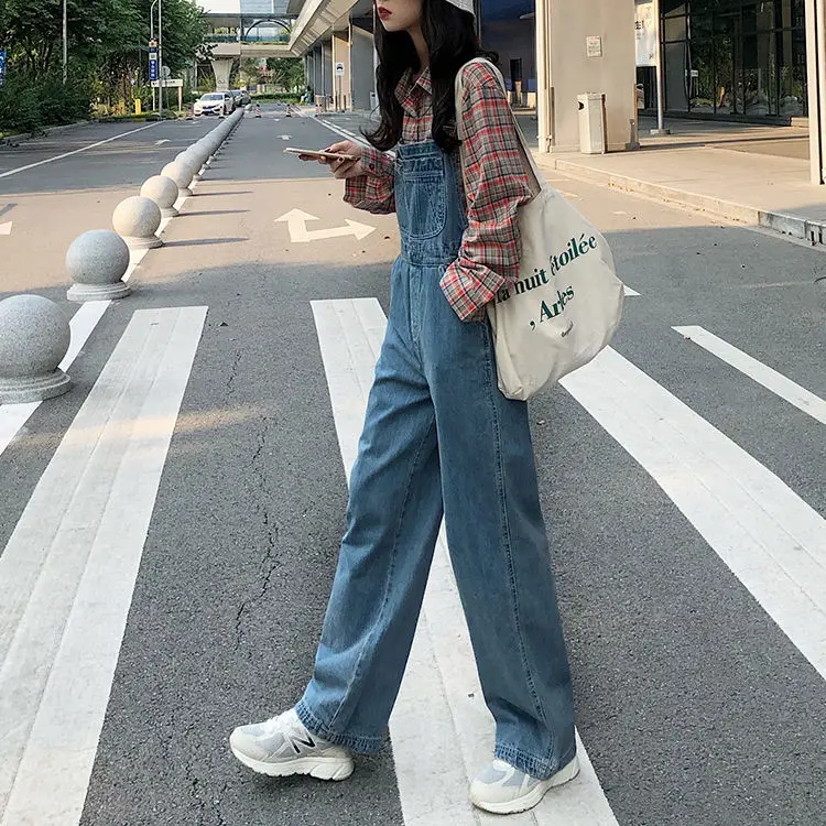 

Woman Jeans Pants Mop Denim Suspender Pants Women's Loose Autumn High Waist Straight Pants Long Pants