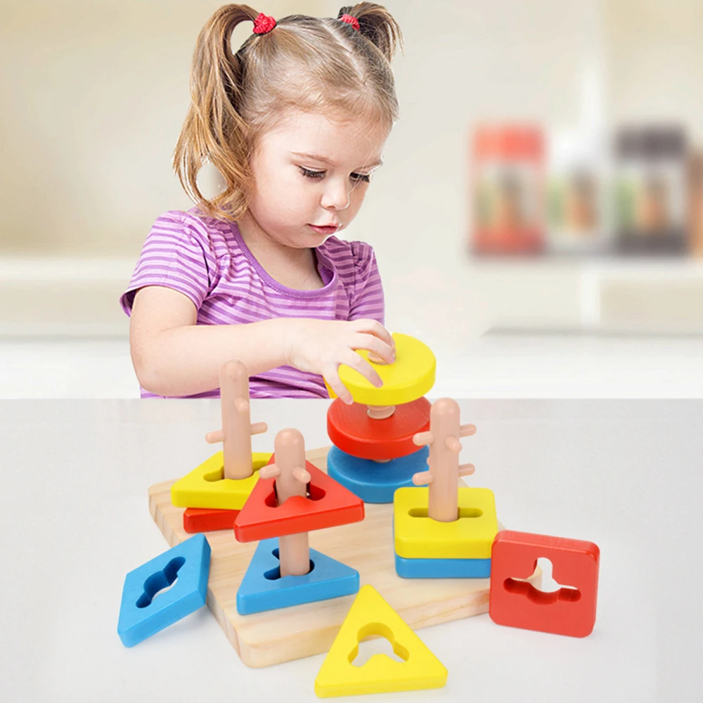 

Детские деревянные игрушки Монтессори, развивающие игрушки, башня, игра, модель, строительные 4 колонны, подходящая цветная форма, Деревянные 3D игрушки-головоломки