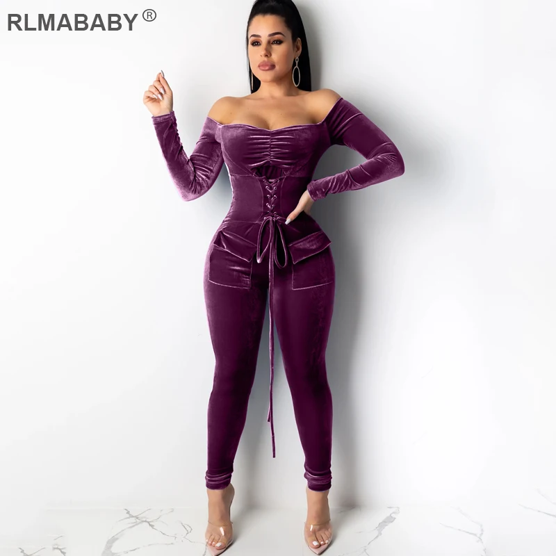 Purple Jumpsuit Rlmaaby корсет с открытыми плечами сексуальный бархатный комбинезон с длинным рукавом бандажный комбинезон женский комбинезон с карманами клубный цельный комбинезон - Цвет: Purple Jumpsuit