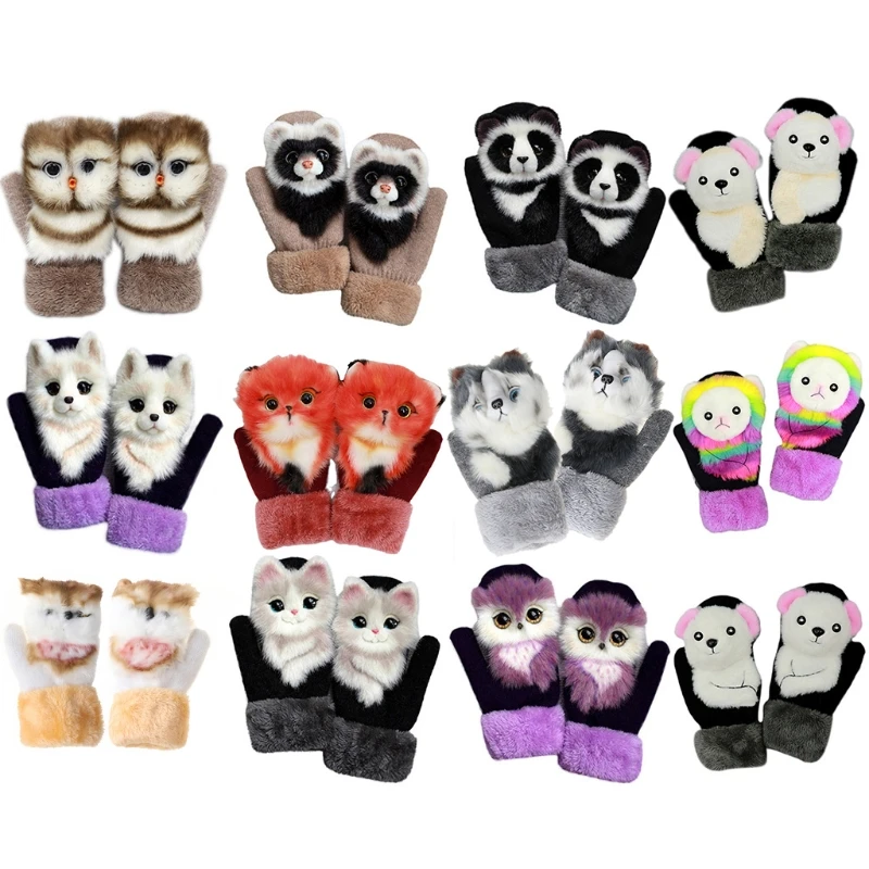 

Women Men Winter Knitted Gloves Cute 3D Fluffy Cartoon Animal Decor Thicken Plush Lining Outdoor Windproof Thermal Warm Mittens