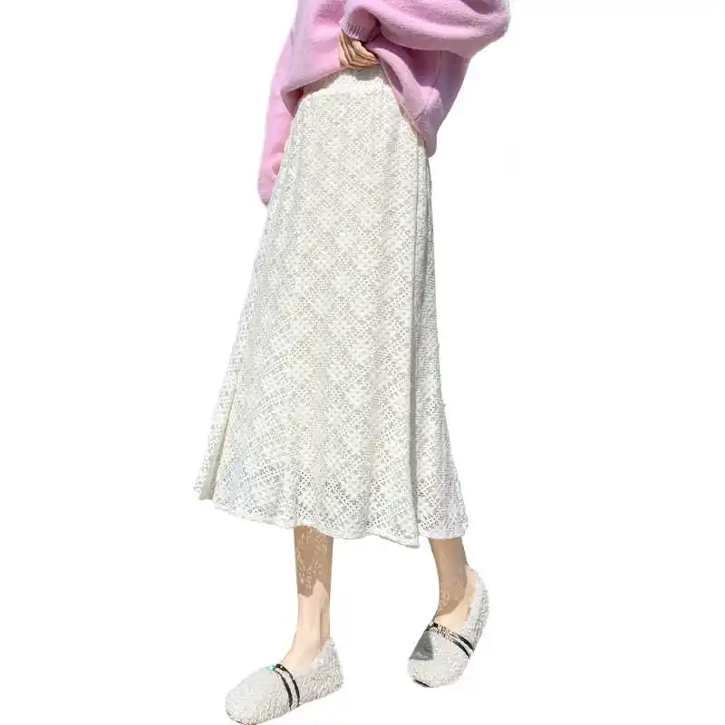 

ICCLEK JXMYY Autumn and winter Korean temperament all-match mid-length high waist hollow lace a-line skirt femal