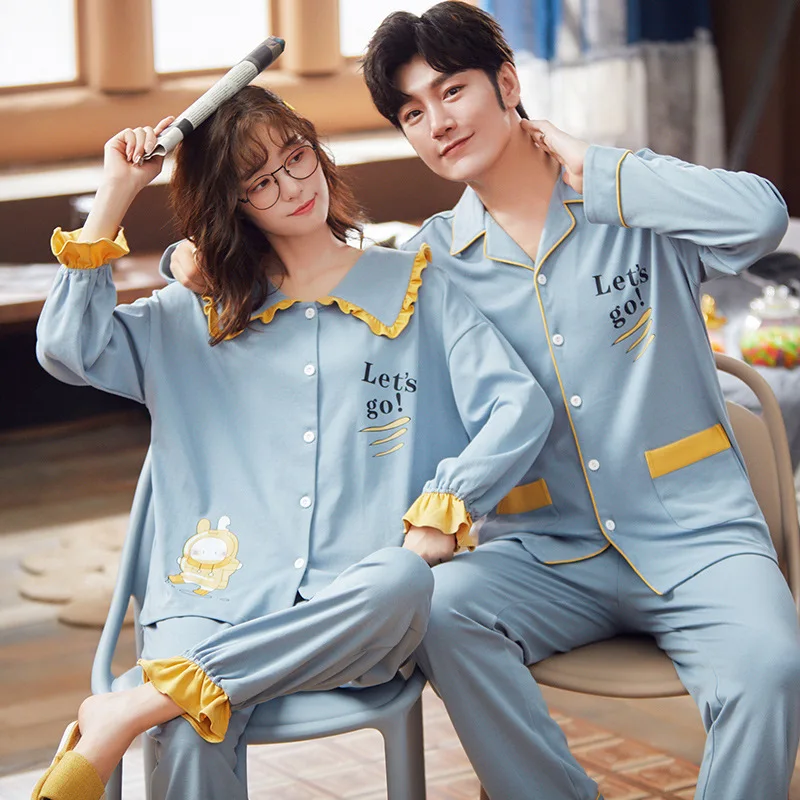 Winter Warm Couple Pajama Set Cotton Loose Cardigan Pyjamas Women Men Long Sleeve Homewear Cute Clouds Pattern Lovers Pajama Set