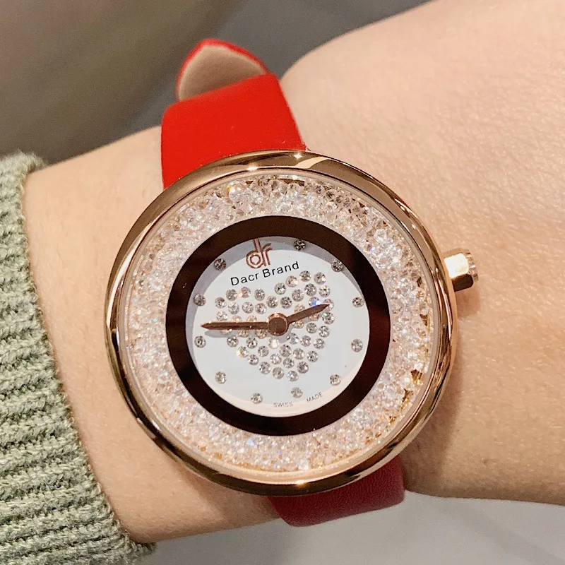 

Dacr New Popular Love Dial Watch Fashion Ins Style Diamond Women's Wristwatches Genuine Leather Rhinestone Watch Personality