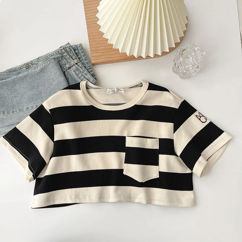

Kimutomo 2021 Spring Summer Striped T-shirt Women O-neck Short Sleeve Cartoon Embroidery Short Tops Girls Elegant Casual