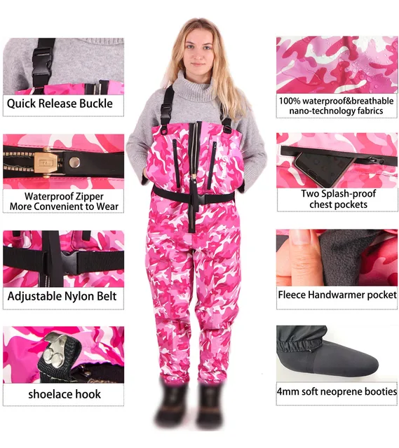 NeyGu Pink Camo Quick-Drain and Waterproof chest Wader with Front