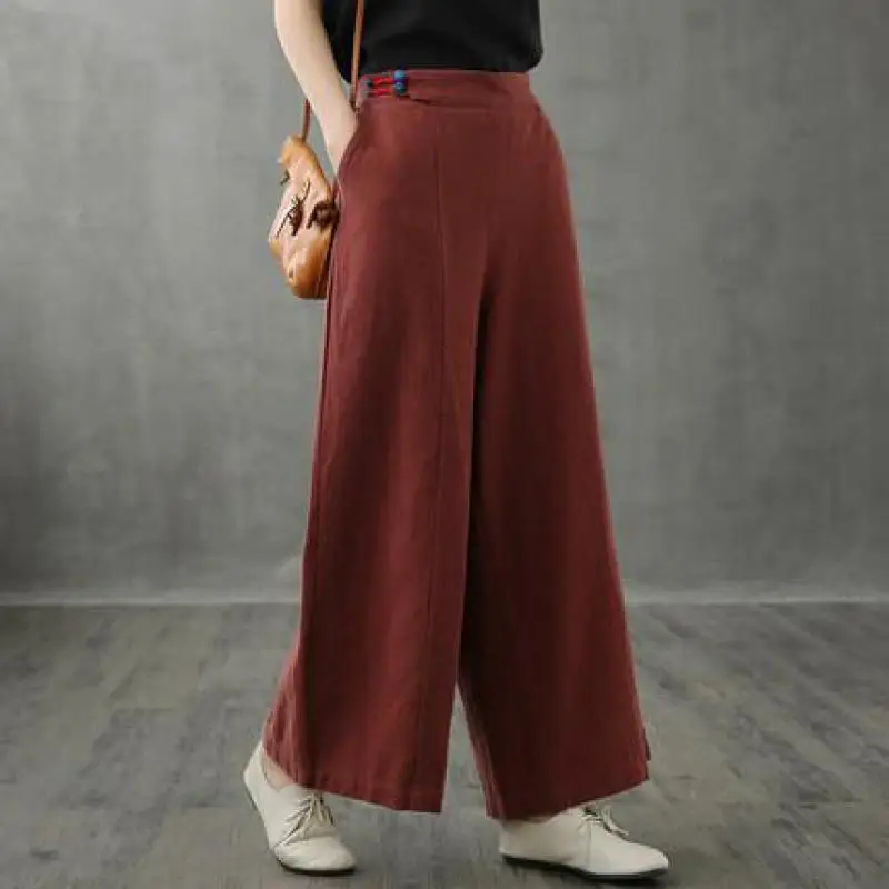 

Женские широкие брюки в китайском стиле, простые однотонные тонкие свободные брюки с эластичной завышенной талией, осень 2022
