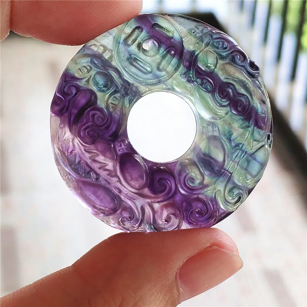 

100% Natural Colorful Fluorite Quartz Round Pi Xiu Pendant Women 37x8mm Carved Fluorite Necklace Jewelry Fashion Stone AAAAA