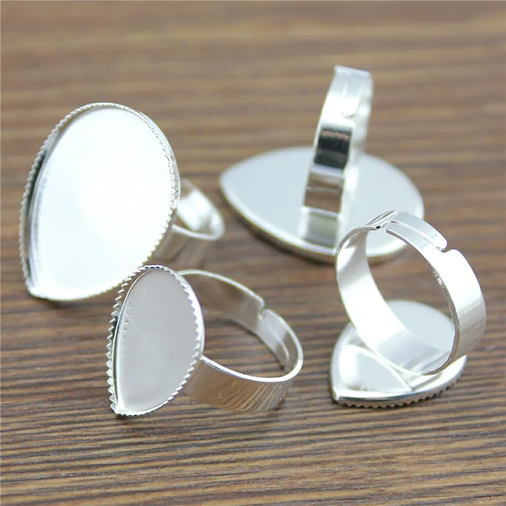 

10pcs Fit 13x18/18x25mm Water Drop Shape Glass Cabochon Shiny Silver Color Copper Material Adjustable Ring Settings Base