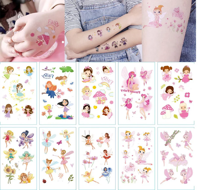 10pcs Kids Temporary Tattoos Cute Flower Fairy Fake Tattoo Sticker Angel Tatoo Waterproof Tatto Hand Arm Art Tattoo For Girl