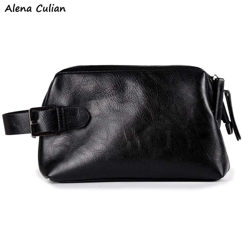

Casual Soft Black Leather Mens Clutch Bag Large Capacity Solid Travel Toiletry kits Washing Bag Leather Bag For Man bolso