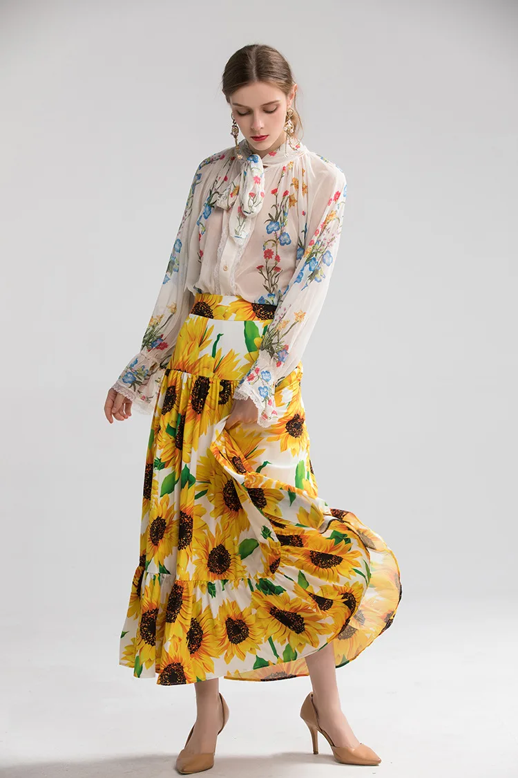 Fashion women's brand new high quality loose Shirts+floral print skirts two piece set 2019 Autumn women skirt suit B014 |