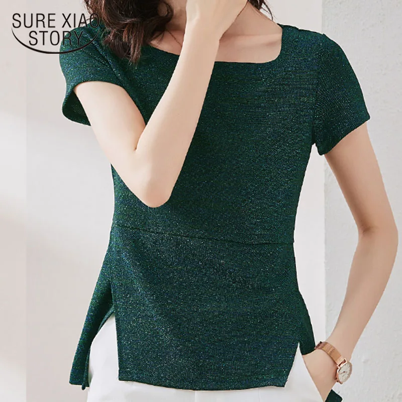 

2022 Summer New Korean Style Women Green Blouse Solid Color Round Collar Irregular Knitted Blouse Women Chemisier Femme 9448 50