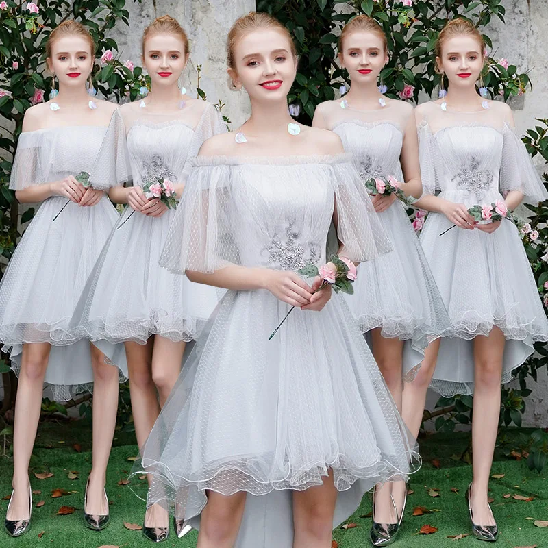 

Bridesmaids Dresses Illusion Embroidery Strapless Sequined Off The Shoulder Lace Tulle Knee-Length Women Wedding Party Gown E338