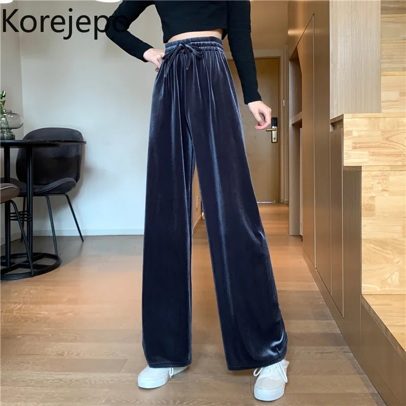 

Korejepo Women Gold Velvet Wide-leg Pants 2021 Spring Autumn New High-waist Drape Mopping Pants Loose Straight Casual Long Pants