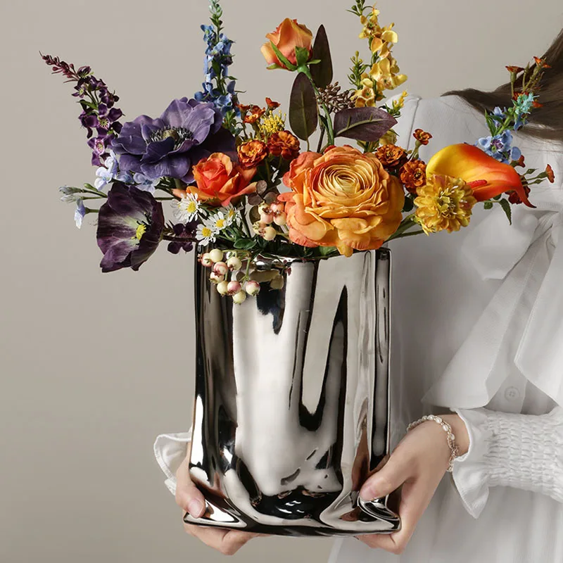 

Creative Silver Plated Ceramic Flower Vase Art Crafts Home Decoration Accessories Nordic Irregular Flower Arrangement Container